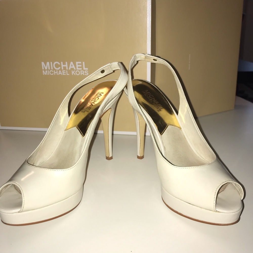 Michael Kors White Patent Peeptoe Slingback Heels